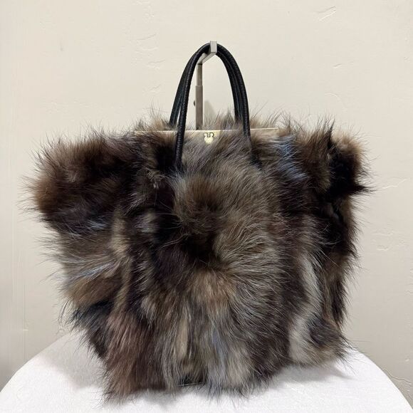 Genuine Fox Fur Handmade Large Tote/Metal Clip & Leather Handles Bag/Crossbody - Picture 6 of 16